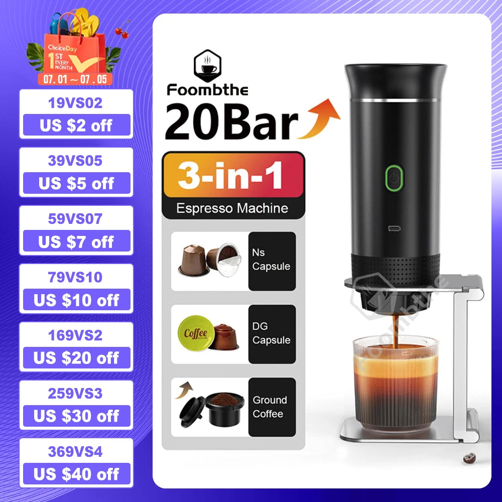 Máquina de Café Espresso Portátil Elétrica Sem Fio 3 em 1