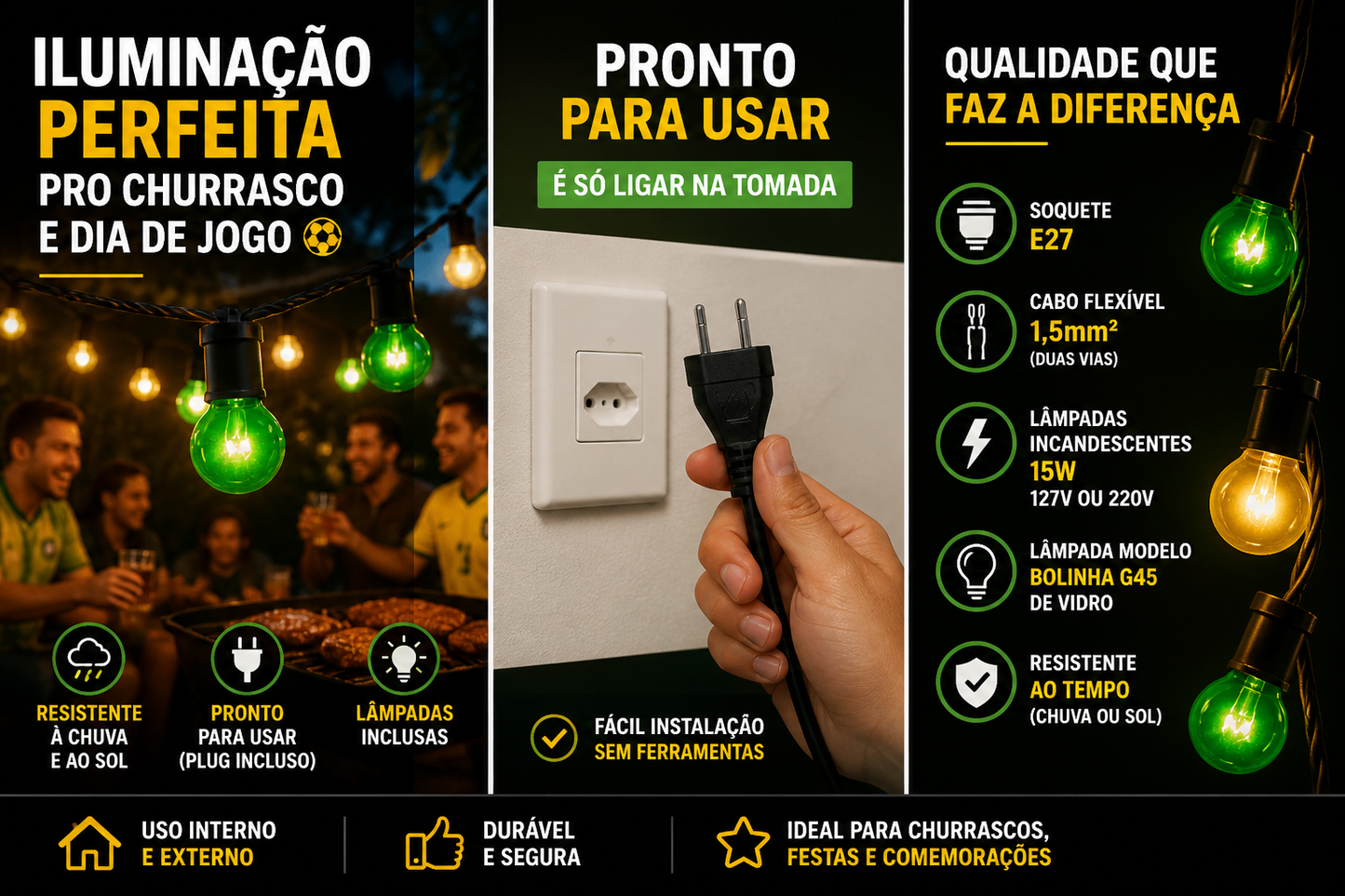 Varal de Luz Copa do Mundo Verde e Amarelo