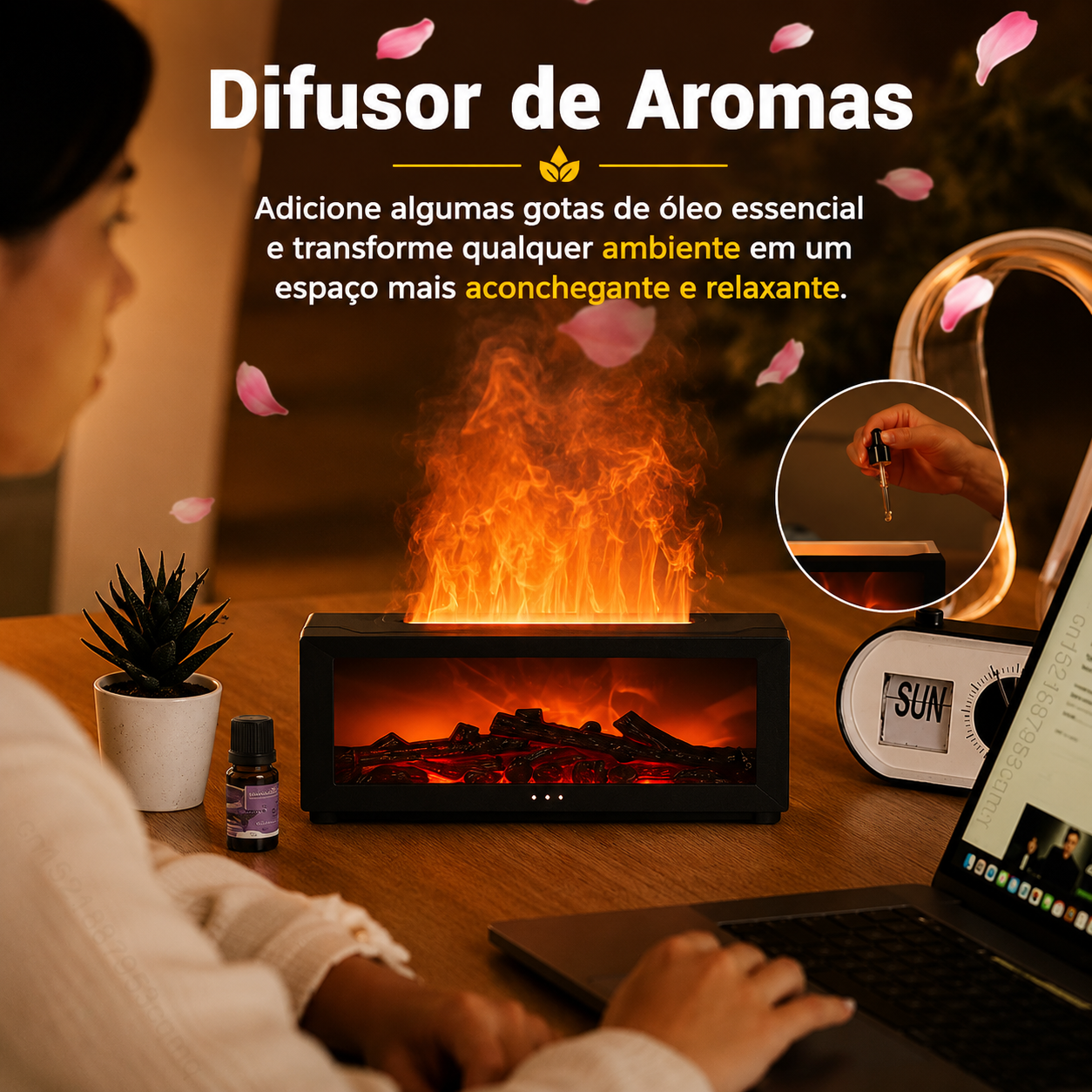 Umidificador e Difusor de Aromas com Efeito Chama e Controle Remoto